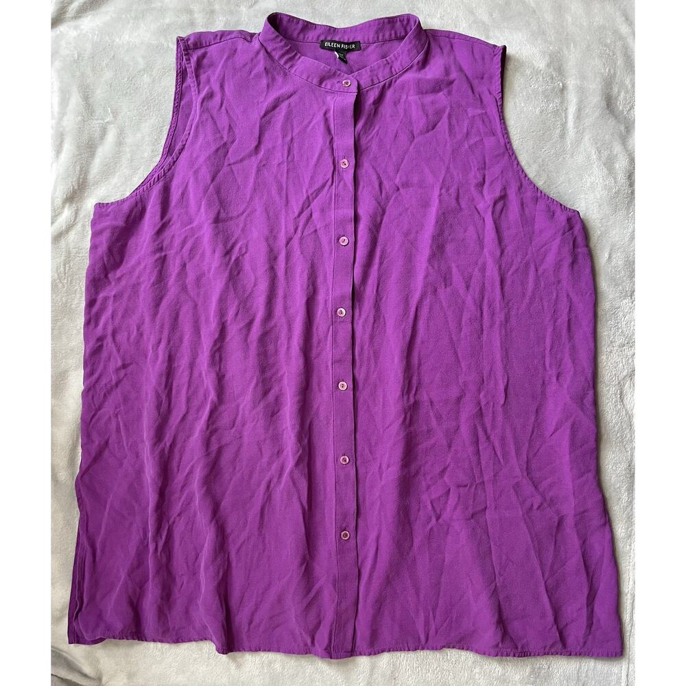 Eileen Fisher 1X Heliotrope Purple Silk Georgette Button Front Tunic MSRP $248